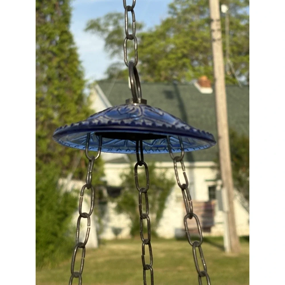 Antique hanging Blue Glass Bell Jar Candle Lantern ~ Pendant Bell
